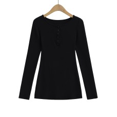 Crew Neck Buttoned Fitted Long Sleeve T-Shir