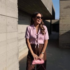Collar Bow Tie Belted Versatile Short Sleeve Knit Top