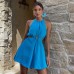 Hollow-out Blue Spicy Girl Jumpsuit Women's Summer Cotton Linen High-waist Wide-leg Jumpsuit Short Pants Women's Clothing