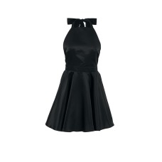 Vintage Satin Halter Little Black Dress Women's Elegant High-Waisted A-Line Dress with Belt