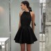 Vintage Satin Halter Little Black Dress Women's Elegant High-Waisted A-Line Dress with Belt