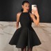 Vintage Satin Halter Little Black Dress Women's Elegant High-Waisted A-Line Dress with Belt