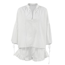 Design White Cotton Linen Set Women's Casual Fashion Lantern Sleeve Top and Shorts Two-Piece Set