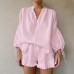 Design White Cotton Linen Set Women's Casual Fashion Lantern Sleeve Top and Shorts Two-Piece Set