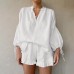 Design White Cotton Linen Set Women's Casual Fashion Lantern Sleeve Top and Shorts Two-Piece Set