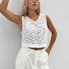 Hollow Out Lace Tank Top Women's Short White V-Neck Sleeveless Top Women's Clothing