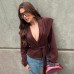 Vintage Wine Red Belted Coat Women Design Loose V-Neck Suede 