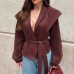 Vintage Wine Red Belted Coat Women Design Loose V-Neck Suede 
