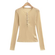 Round Neck Single Breasted Lace Long Sleeve top Round Neck Single Breasted Lace Long Sleeve top
