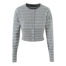 Striped round neck single breasted long sleeved top Striped round neck single breasted long sleeved top