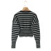 Striped round neck single breasted long sleeved top