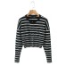 Striped round neck single breasted long sleeved top