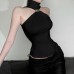High neck sleeveless slim fit waist cinching temperament loop buckle versatile top for women