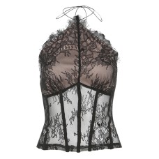 Solid color lace sexy neck hanging versatile waist cinching top