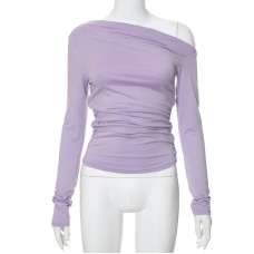 Cross-border Women's INS New Pure Color Off-the-Shoulder Long Sleeve Shirred Crop Top T-Shirt Cross-border Women's INS New Pure Color Off-the-Shoulder Long Sleeve Shirred Crop Top T-Shirt