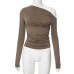 Cross-border Women's INS New Pure Color Off-the-Shoulder Long Sleeve Shirred Crop Top T-Shirt