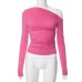 Cross-border Women's INS New Pure Color Off-the-Shoulder Long Sleeve Shirred Crop Top T-Shirt