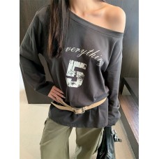 Letter Number Off-Shoulder T-Shirt Women Loose Lazy Style Long Sleeve Top Letter Number Off-Shoulder T-Shirt Women Loose Lazy Style Long Sleeve Top