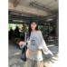 Letter Number Off-Shoulder T-Shirt Women Loose Lazy Style Long Sleeve Top