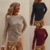 Shiny Sequin Mesh Long Sleeve Slim Fit Round Neck Top
