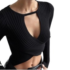 Hollow knit thread long sleeved crop top with exposed navel Hollow knit thread long sleeved crop top with exposed navel