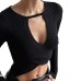 Hollow knit thread long sleeved crop top with exposed navel