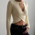 Hollow knit thread long sleeved crop top with exposed navel