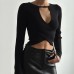 Hollow knit thread long sleeved crop top with exposed navel