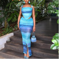 Printed sexy lace up suspender slit half skirt women's vest dress set