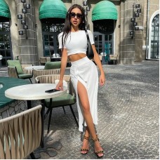 Solid color pit stripe short sleeved open belly side half skirt set