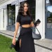 Solid color pit stripe short sleeved open belly side half skirt set