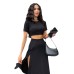 Solid color pit stripe short sleeved open belly side half skirt set