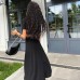 Solid color pit stripe short sleeved open belly side half skirt set
