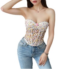 Flower embroidery steel ring slim fit perspective threading rope strapless