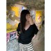 Loose and Lazy Style Short Sleeve T-Shirt for Women with V-Neck and Long Length