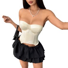 Solid color fishbone steel ring strap waist cinching strapless top