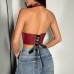 PU leather hanging neck buckle style waist cinching diamond shaped design top