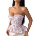 Floral patchwork lace pleats ruffled edges cinched waist tied rope strapless