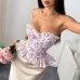 Floral patchwork lace pleats ruffled edges cinched waist tied rope strapless