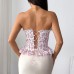 Floral patchwork lace pleats ruffled edges cinched waist tied rope strapless