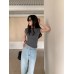 Style Shoulder Pad Slim Fit Short Sleeve T-Shirt for Women Regular Shoulder Ribbed Slimming Top
