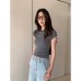 Style Shoulder Pad Slim Fit Short Sleeve T-Shirt for Women Regular Shoulder Ribbed Slimming Top