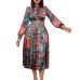 Long Sleeve High Waist Printed Plus Size Banquet Dress with Belt