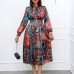 Long Sleeve High Waist Printed Plus Size Banquet Dress with Belt