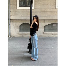 High Street Retro Distressed Denim Pants for Women with Micro-Elasticity and Slimming Effect - Straight Leg Jeans