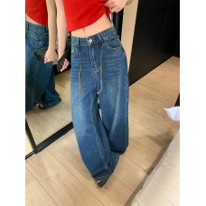 Style Adjustable Drawstring Wide Leg Denim Pants for Women Loose Fit Slimming Casual Trousers