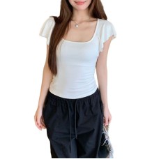 Big U-neck ruffle sleeves slim fit short top