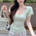 Big U-neck ruffle sleeves slim fit short top