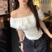 One shoulder patchwork lace top with slim fit