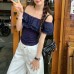 One shoulder patchwork lace top with slim fit